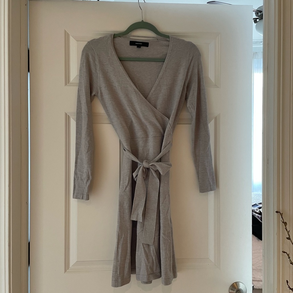 Cozy gray wrap sweater dress